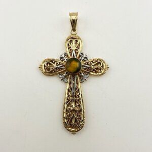 14K Gold Michael Anthony Pendant Cross Nativity Stone Two Tone Filigree Lattice